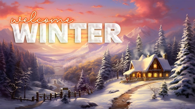 PSD winter-willkommensbanner-vorlage mit holzhaus in winterlandschaft