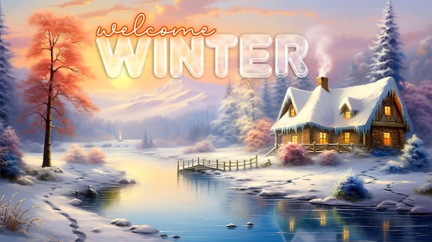 PSD winter-willkommensbanner-vorlage mit holzhaus in winterlandschaft