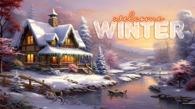 PSD winter-willkommensbanner-vorlage mit holzhaus in winterlandschaft