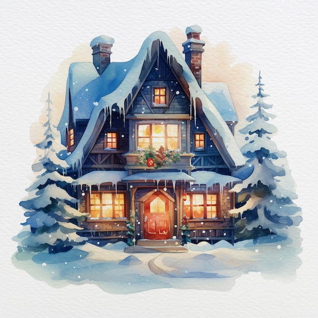 PSD winterhaus mit schnee bedeckt, umgeben von weihnachtsbäumen