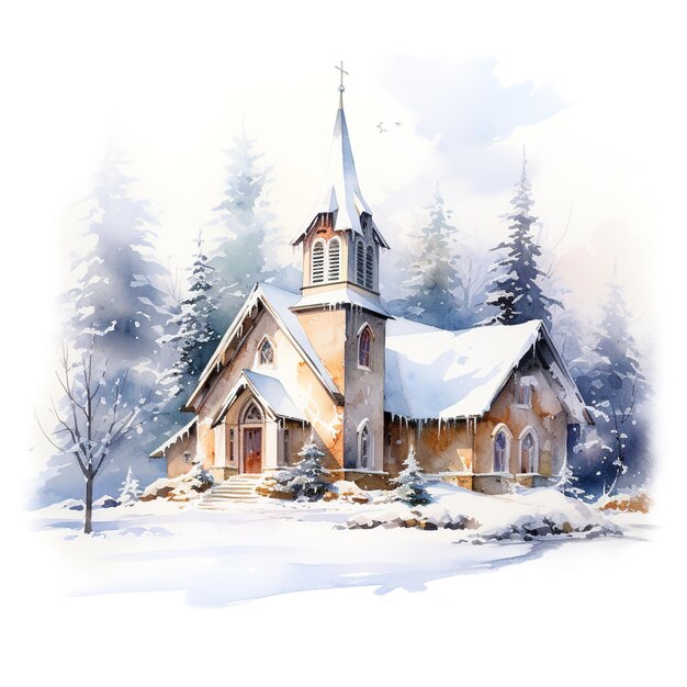 Winterkirche für weihnachtsveranstaltung aquarell-stil ki generiert