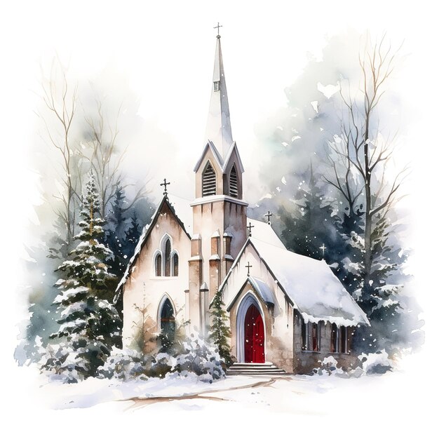 Winterkirche für weihnachtsveranstaltung aquarell-stil ki generiert