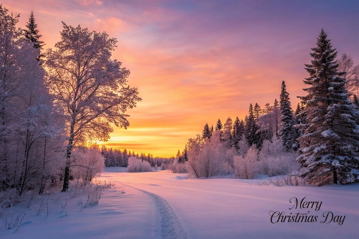 PSD winterlandschaft am abend, sonnenuntergang, weihnachts-hintergrund