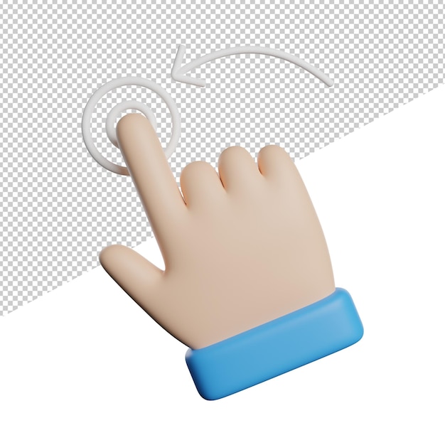Wischen Sie mit der linken Hand, Vorderansicht, 3D-Rendering, Symboldarstellung auf transparentem Hintergrund