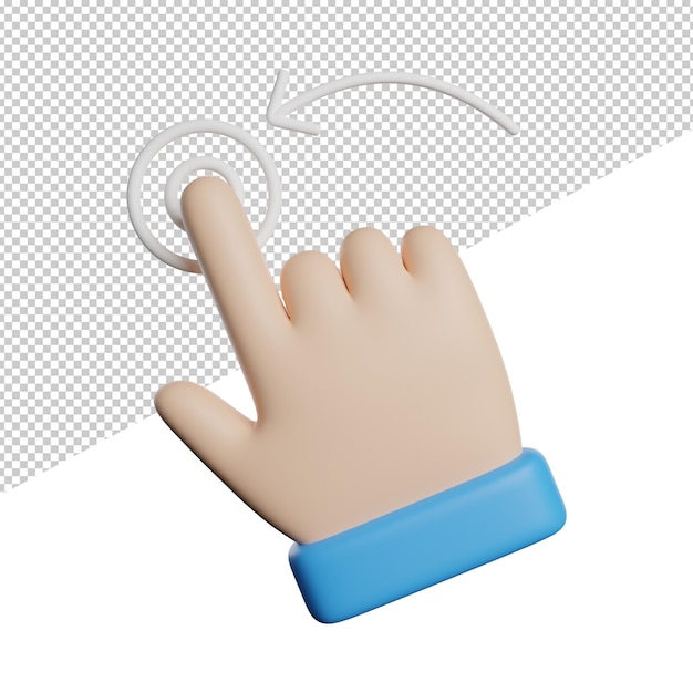 PSD wischen sie mit der linken hand, vorderansicht, 3d-rendering, symboldarstellung auf transparentem hintergrund