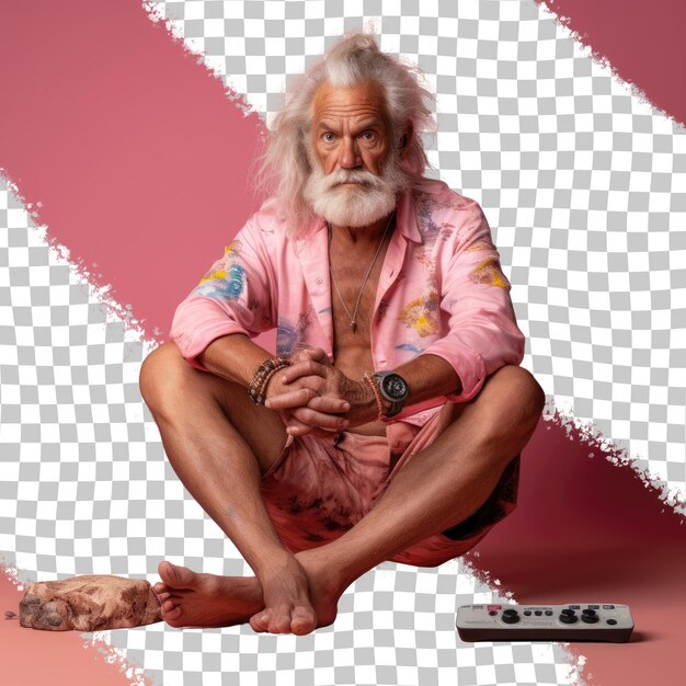 PSD wise aboriginal senior gaming enthusiast em elegante pose sentada com cabelo ondulado e fundo de coral pastel