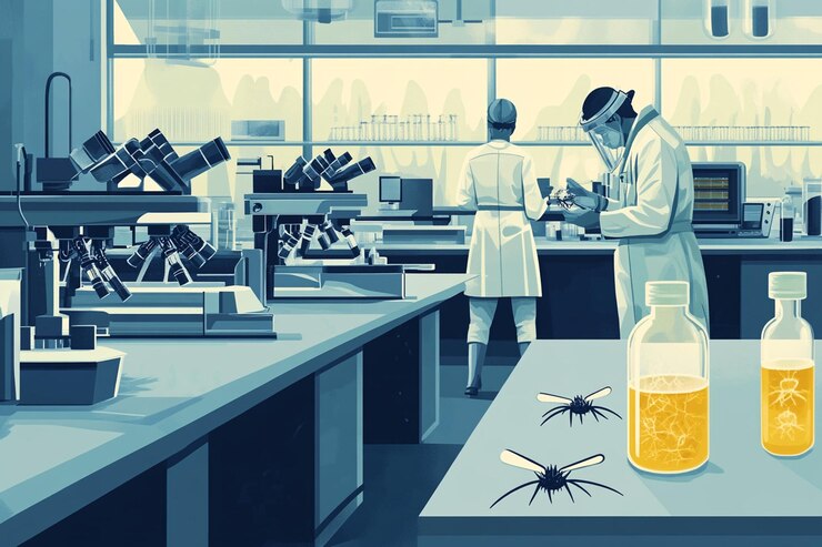 PSD wissenschaftler in labormänteln forschen mit insekten und mikroskopen