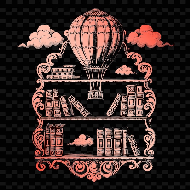 PSD witzige bücherregal mit heißluftballon-design und cloud sym illustration dekor-motiven-sammlung