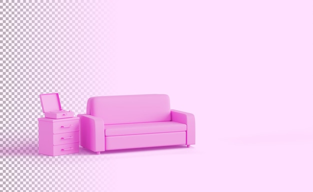 Wohnzimmer-interieur im rosa-monochromen stil mit sofa und vintage-platten-player-box 3d-rendering moderne leere lounge mit möbeln und musik vinyl-drehscheibe isoliert auf dem hintergrund 3d-illustration