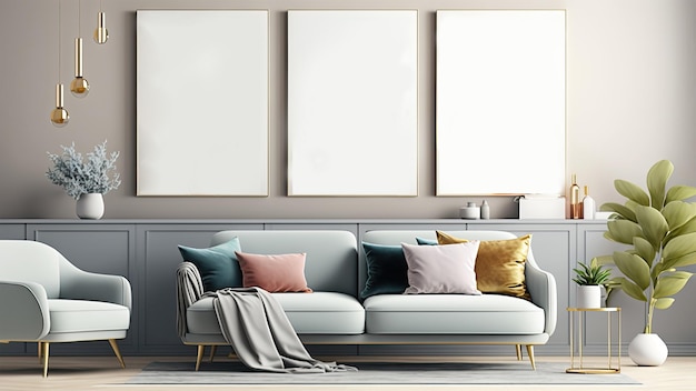 Wohnzimmer-interieur-mockup-bild-platzhalter-rahmen, die an der wand hängen, mit dekorativen objekten und modernen möbeln 3d-rendering