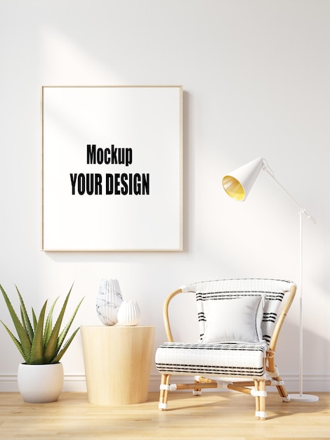 PSD wohnzimmer mit leinwandrahmen poster mockup home interior im skandinavischen stil 3d-rendering