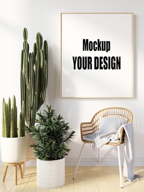 Wohnzimmer mit Leinwandrahmen Poster Mockup Home Interior im skandinavischen Stil 3D-Rendering