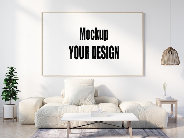 PSD wohnzimmer mit leinwandrahmen poster mockup home interior im skandinavischen stil 3d-rendering