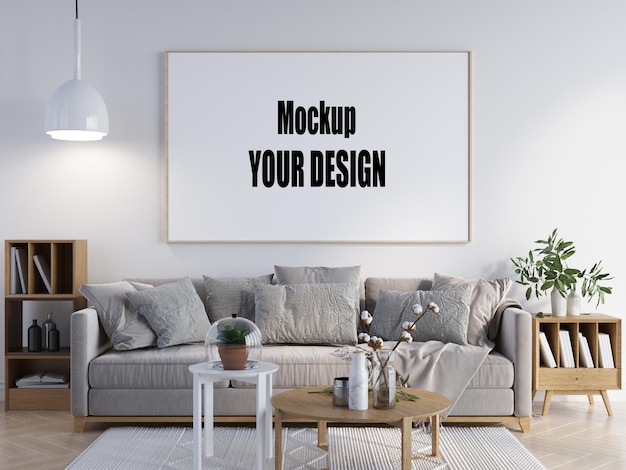 PSD wohnzimmer mit leinwandrahmen poster mockup home interior im skandinavischen stil 3d-rendering