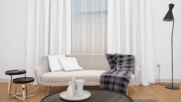Wohnzimmer mit modernem Sofa und großem Fenster