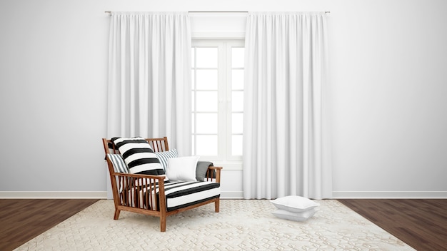 Wohnzimmer mit Sessel und großem Fenster mit weißen Vorhängen
