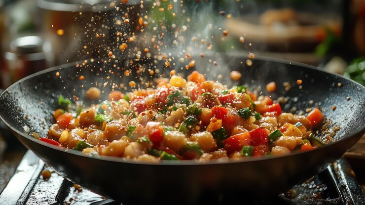PSD un wok con comida chisporroteante condimentada con especias en una cocina