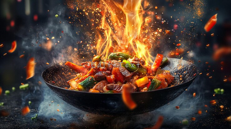 PSD wok fiammeggiante con carne e verdure fritte