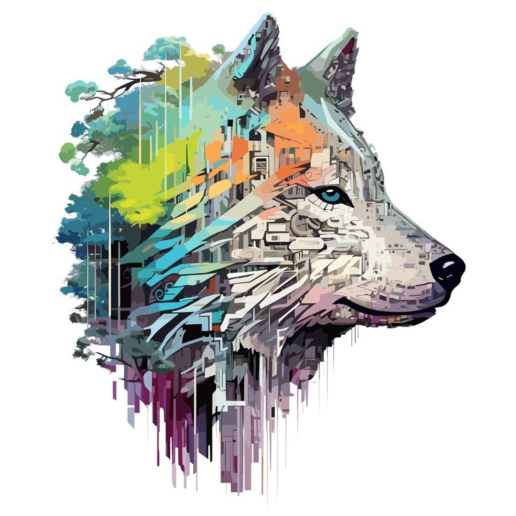 PSD wolf alpha animal world predator wild urban graphic pop art (el mundo de los animales lobo y el depredador) es una obra de arte popular urbana y salvaje.