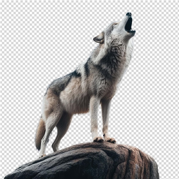 PSD a wolf is standing on a rock with its mouth open