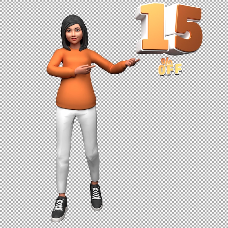 PSD woman 3d illustration character with 15 percent off