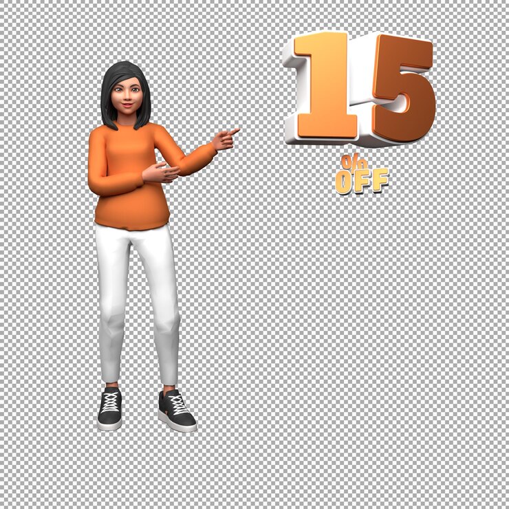 PSD woman 3d illustration character with 15 percent off