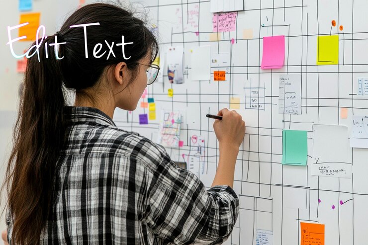 PSD woman adding notes to a whiteboard planning strategy