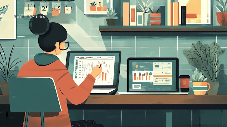 PSD woman analyzing data on laptop and desktop computer in home office