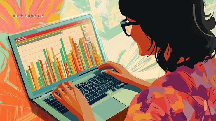 PSD woman analyzing data on laptop colorful background