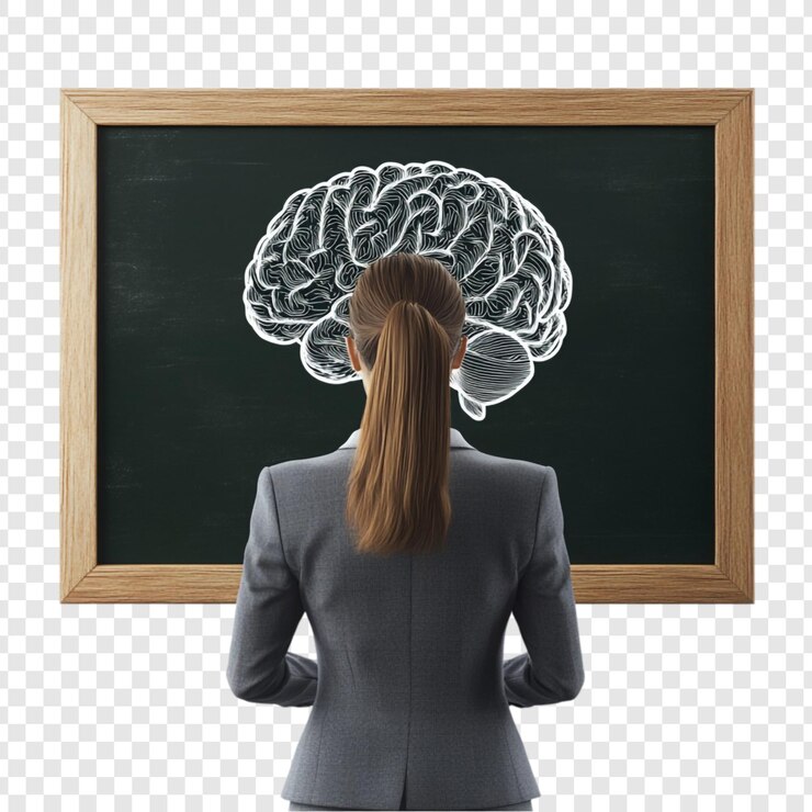 PSD woman contemplating a brain drawing on a blackboard deep thought and intellectual curiosity