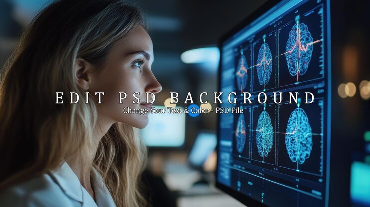 PSD woman examining brain scans on a computer screen
