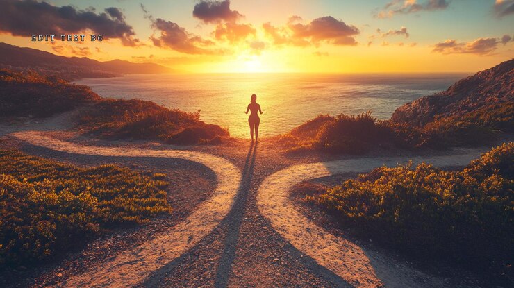 PSD woman facing a sunset at a crossroads
