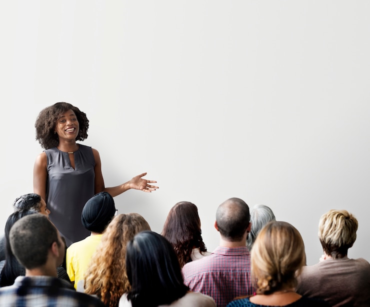 PSD woman giving a seminar and a copyspace