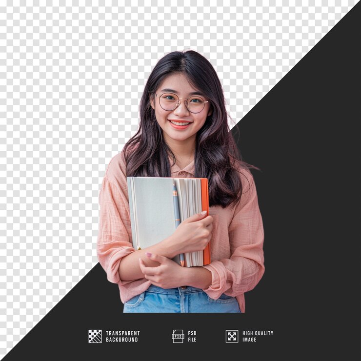PSD woman holding book without background hd quality