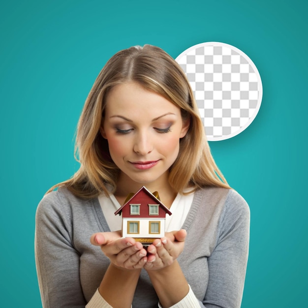 PSD woman holding a house and thinking about something