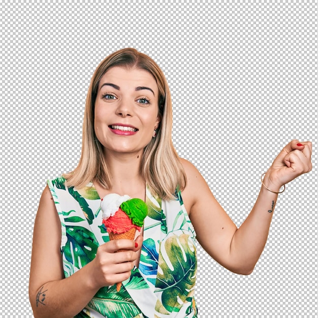Woman holding ice cream cone and smiling