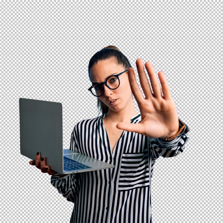 PSD woman holding laptop and making a stop gesture