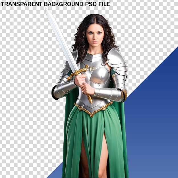 PSD a woman in a silver armor with a sword in her hand