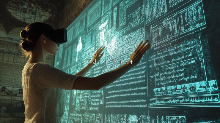 PSD woman in vr headset interacts with holographic data wall