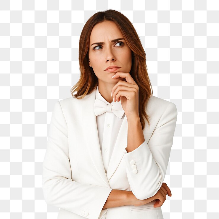 PSD woman in white suit looking thoughtful