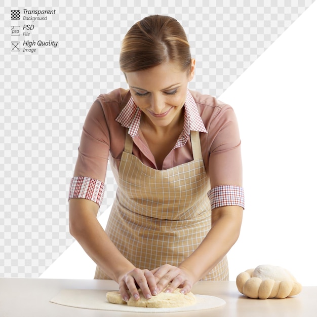 PSD woman kneading dough on a countertop with a smile