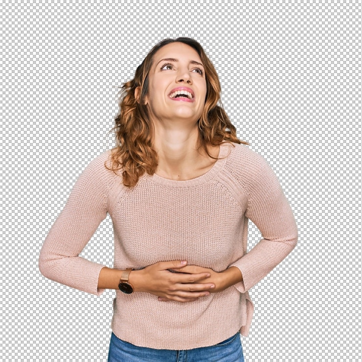 PSD woman laughing with hand on stomach looking up