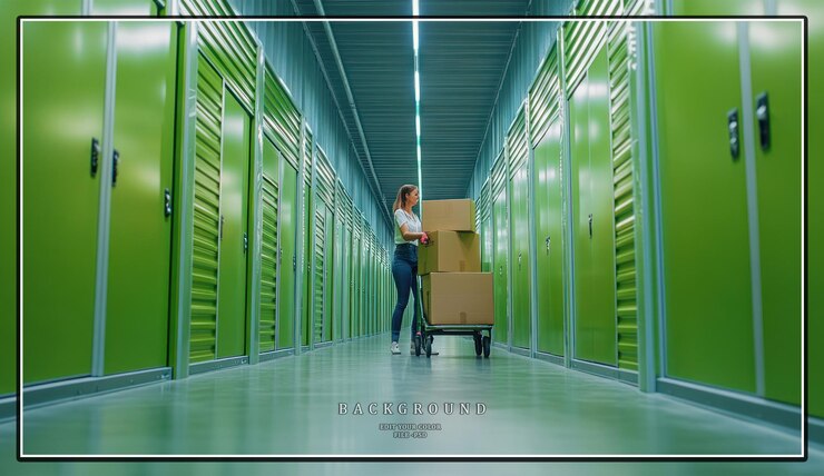 PSD woman pushing a hand truck with boxes in a storage unit hallway