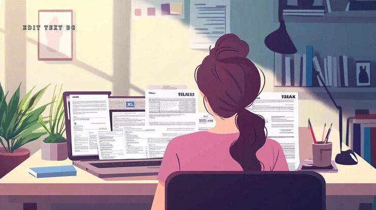 PSD woman reviewing documents at desk in sunlit home office