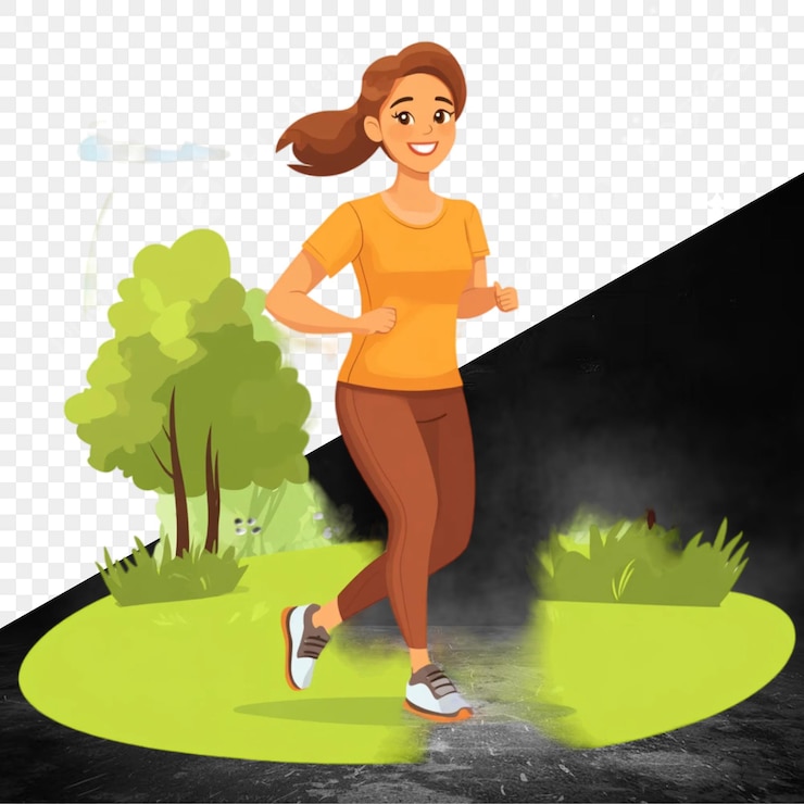 PSD a woman running in the park with a green grass and trees