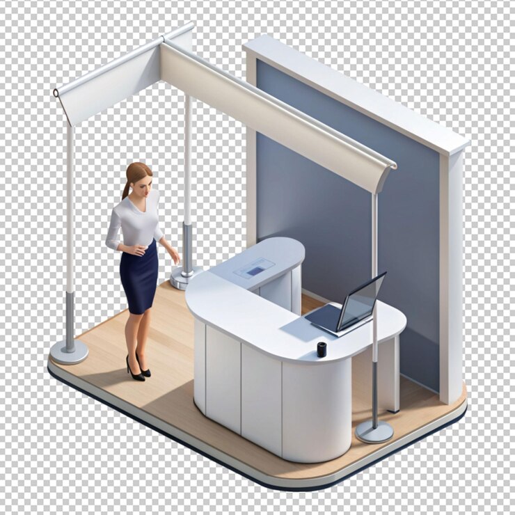 PSD woman standing at expo promotional stand with empty on transparent background