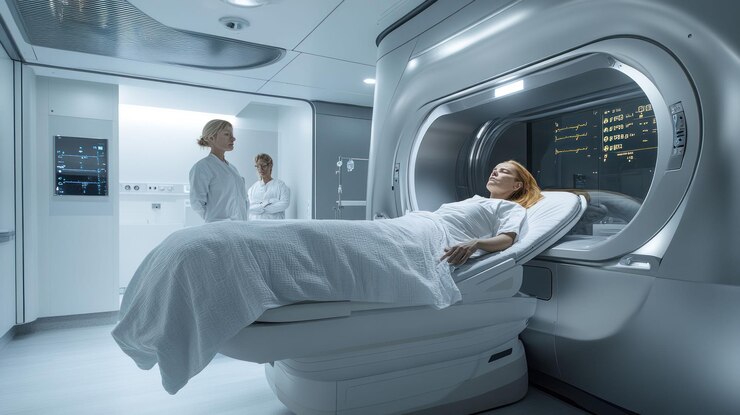 Woman undergoing MRI scan monitored by doctors in modern hospital