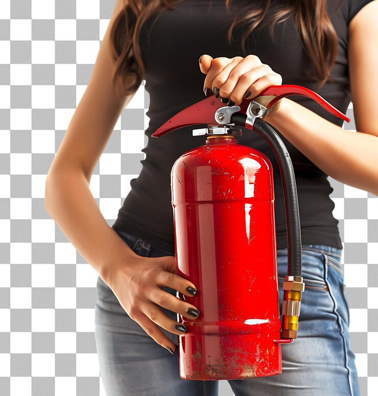 PSD woman using fire extinguisher on a transparent background
