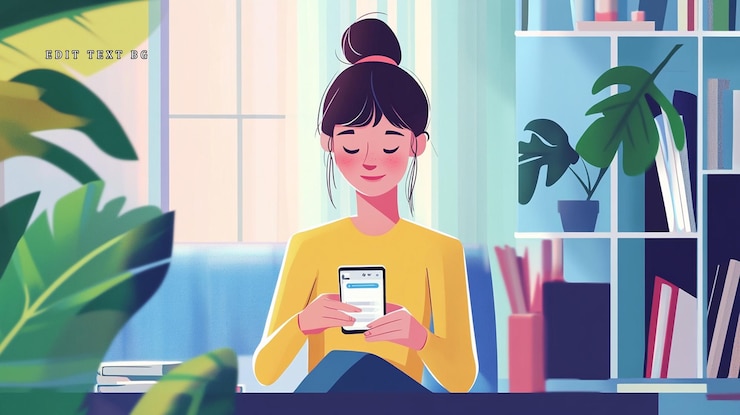 PSD woman using smartphone sitting at home