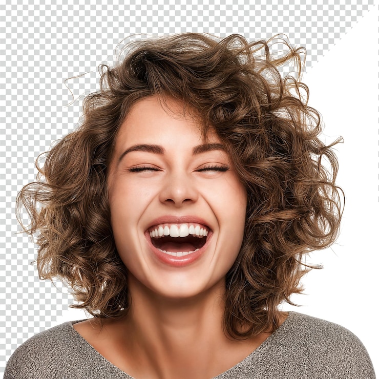 PSD a woman with curly hair laughs heartily